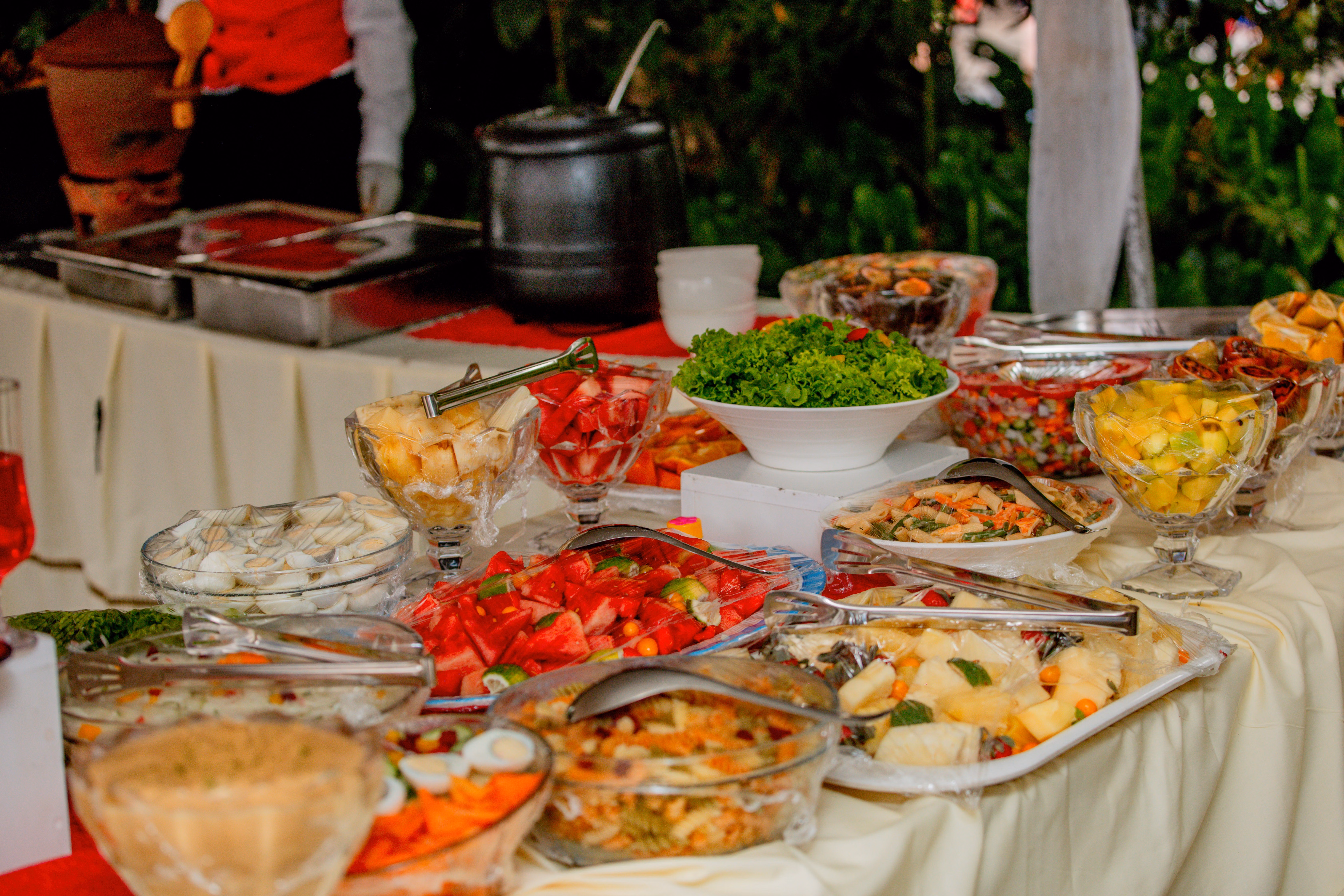 Polished chafing dishes on a buffet line